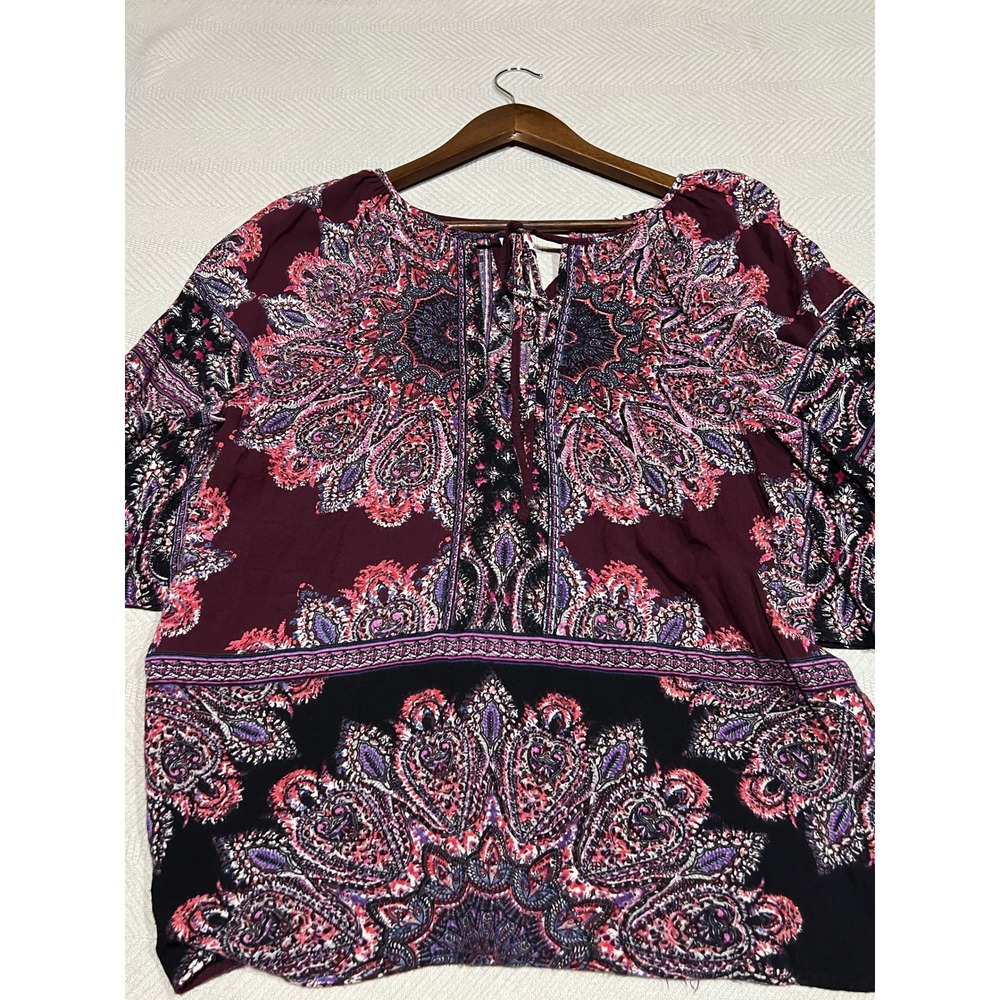 Nostalgia Burgundy Paisley Print Boho Flutter Sleeve Tunic Womens Large Blouse - Picture 5 of 5
